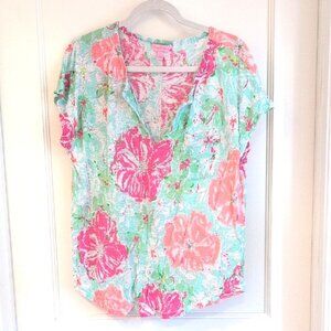 Lilly Pulitzer Duval Linen Top Lg Sea Foam Green Notch Neck Short Sleeve GUC